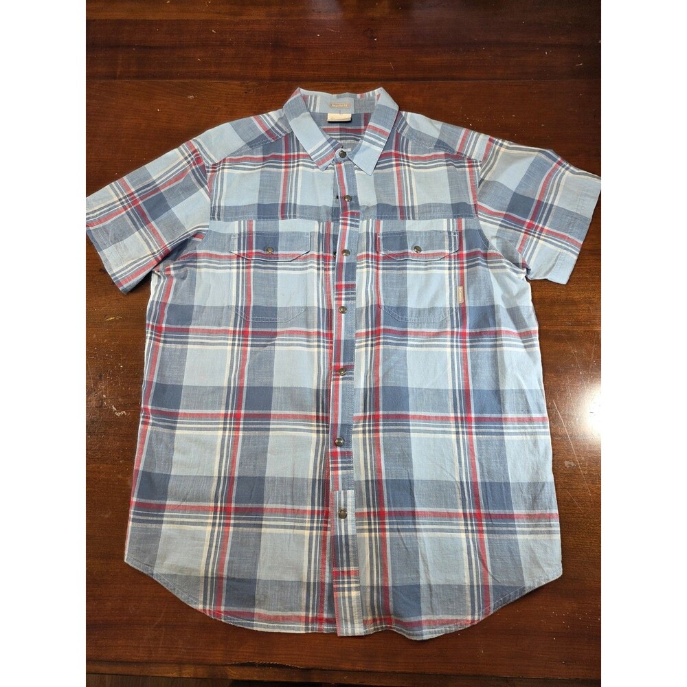 Columbia Shirt Mens Large Blue Plaid Short Sleeve Snap Button Outdoor Western